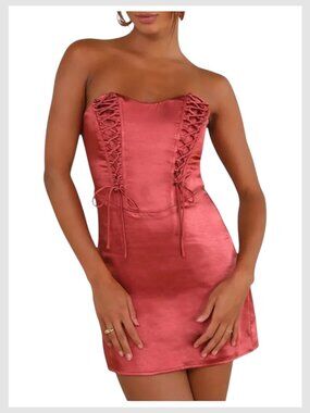 Lulu’s Strapless Satin Lace-Up Mini Dress Rusty Rose Size S